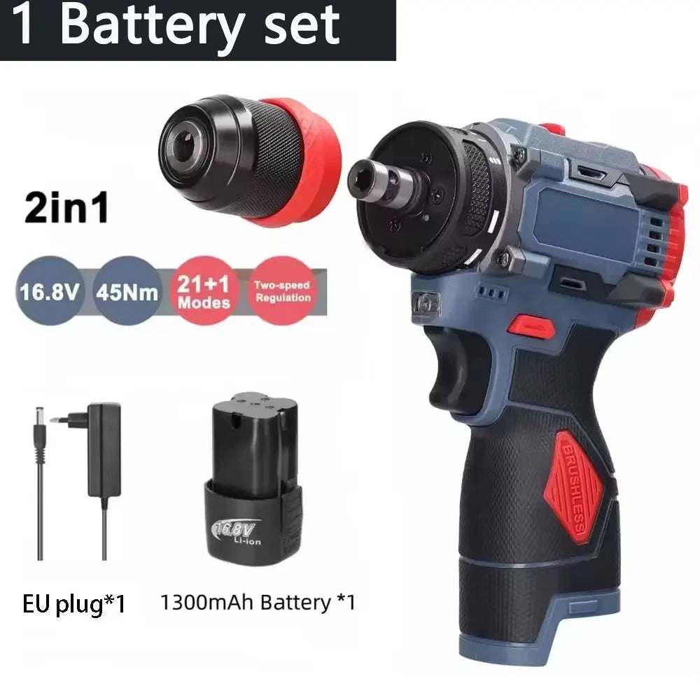 16.8V 2in1 LithiumBrushlessDrill Electric Screwdriver Cordless Power Tool for Home DIY Furniture Installation Automotive Repairs