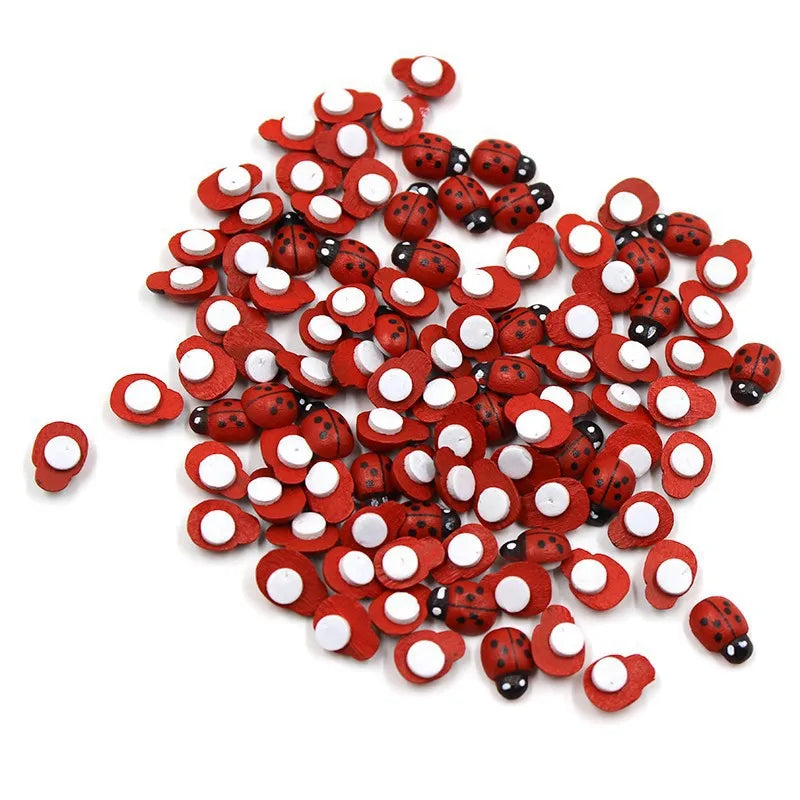 100Pcs Mini Wooden Ladybird Ladybug Self-adhesive Sticker Children Painted DIY Crafts Fairy Garden Figurine Miniature Home Decor
