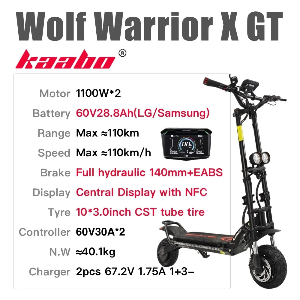 KAABO Wolf Warrior X GT 60V 28.8Ah Battery 1100W*2 dual Motor Central Display with NFC 10*3.0inch CST Tire Electric Scooter