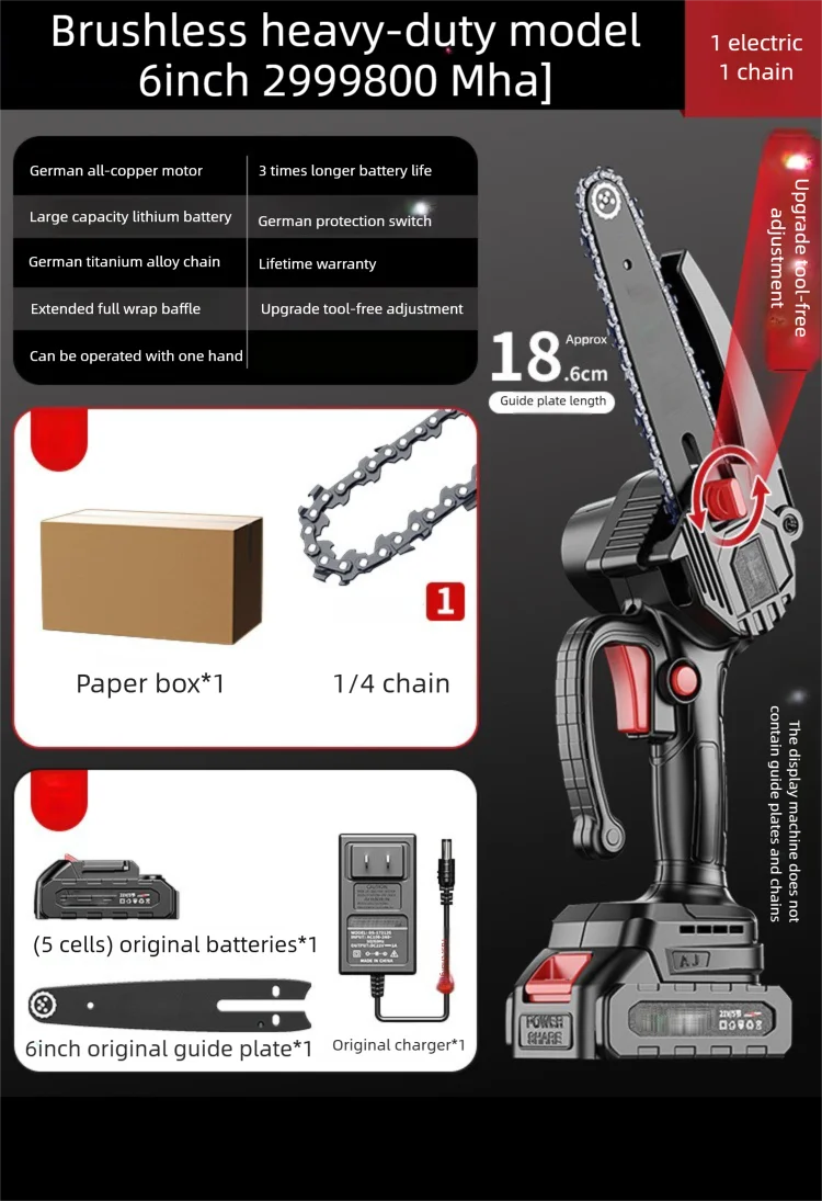 ZTEM 6inch Cordless Chain Saw Portable Brushless Electric Chainsaw Outdoor Wood Logging Pruning Cutting Machine Power Tool Sets