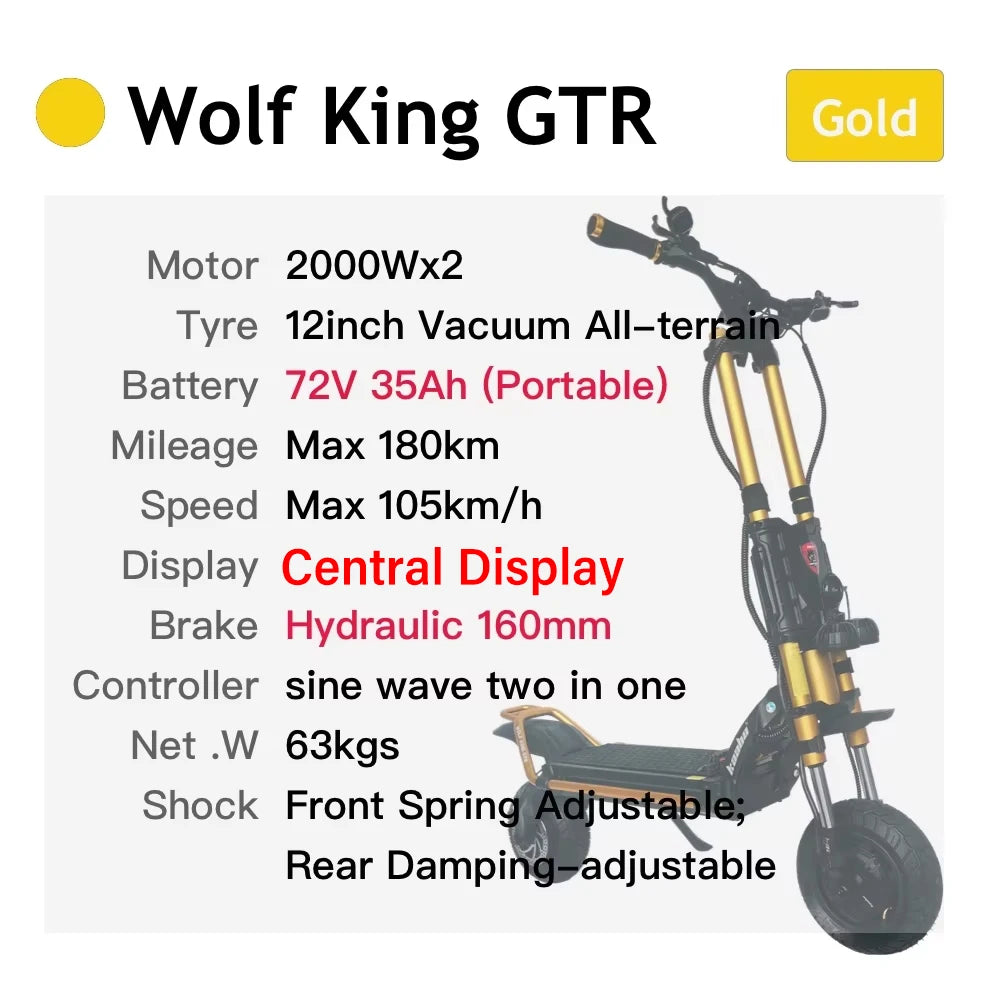 KAABO Wolf King GTR 72V 35Ah 2000W*2 Dual Motor Hydraulic Brake Central Display 12inch Wolf King GTR Removable Battery Scooter