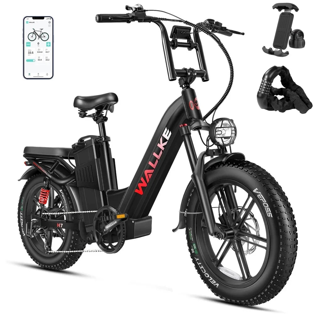 W Wallke H7 Electric Bicycle 1200W/2000W Dual Motor Electric Bike 40Ah/60Ah Step Thru Ebike 20*4'' Fat Tire Ebike W/APP Control