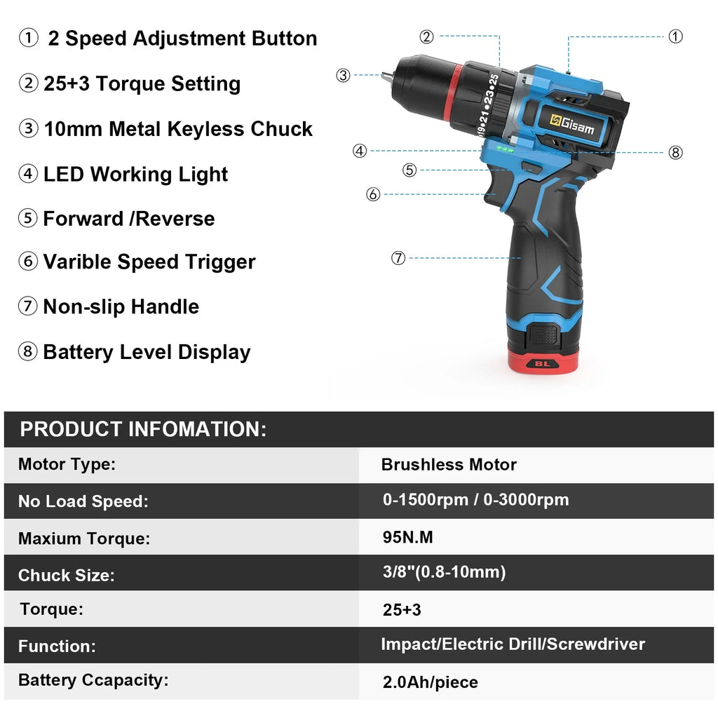 Gisam 95NM 25+3 Torque Brushless Electric Drill Protable Electric Screwdriver Metal Ratchet Chuck Cordless Drill DIY Power Tools