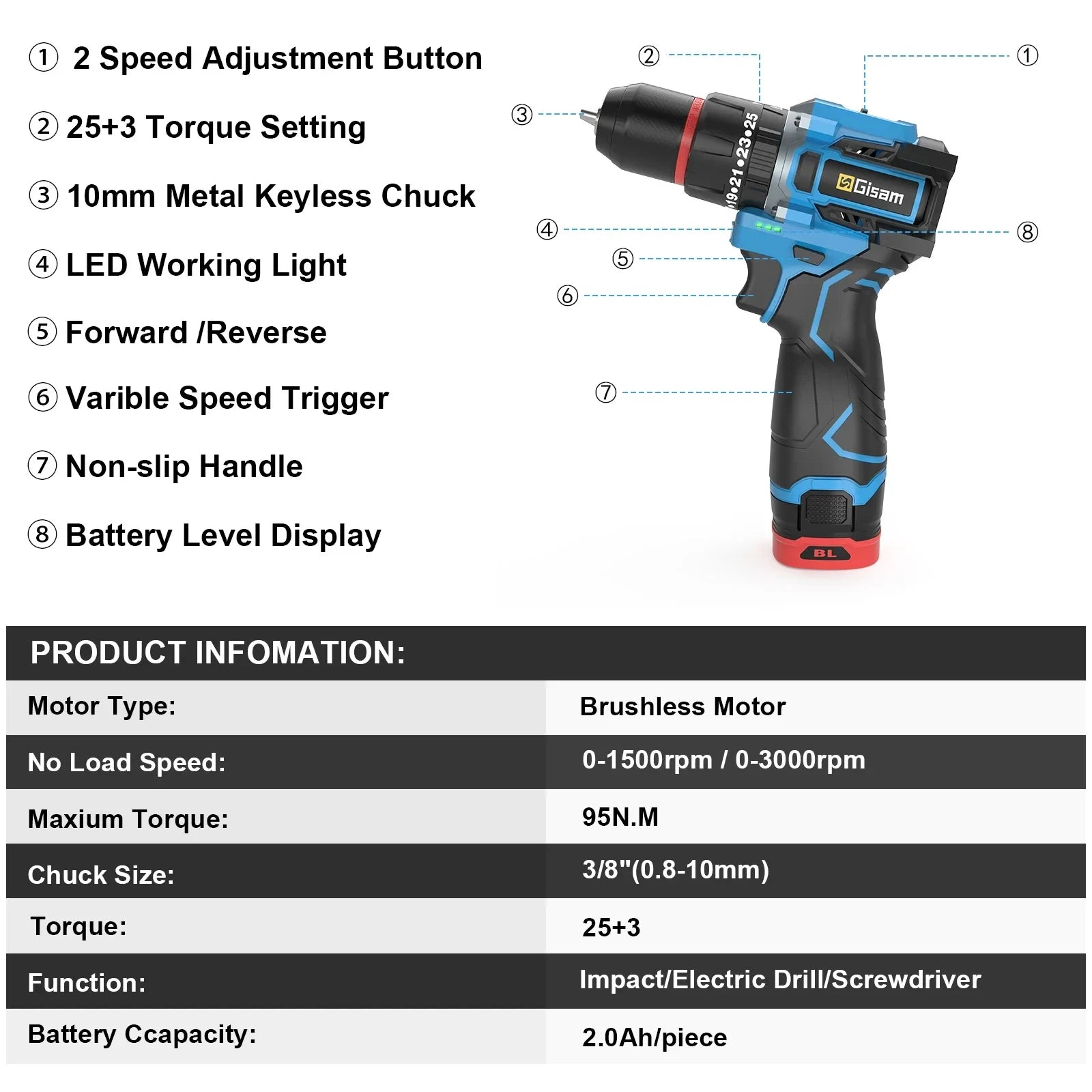 Gisam 95NM 25+3 Torque Brushless Electric Drill Protable Electric Screwdriver Metal Ratchet Chuck Cordless Drill DIY Power Tools