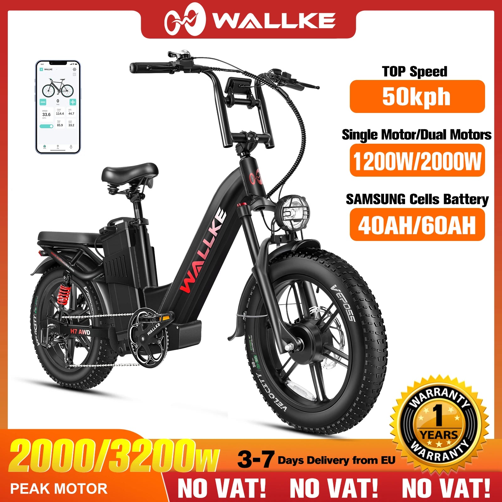 W Wallke H7 Electric Bicycle 1200W/2000W Dual Motor Electric Bike 40Ah/60Ah Step Thru Ebike 20*4'' Fat Tire Ebike W/APP Control