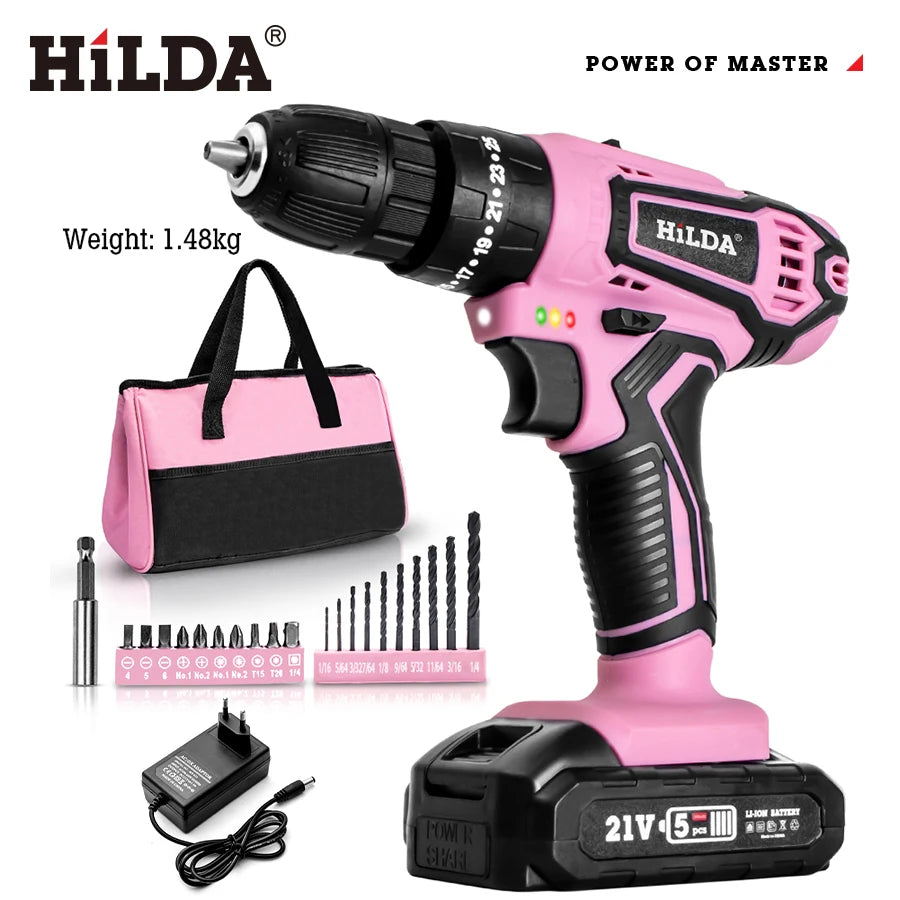 HILDA 21V Pink Drill Cloth Bag Set with Accessories and Two Batteries Suitable for DIY Home Decoration