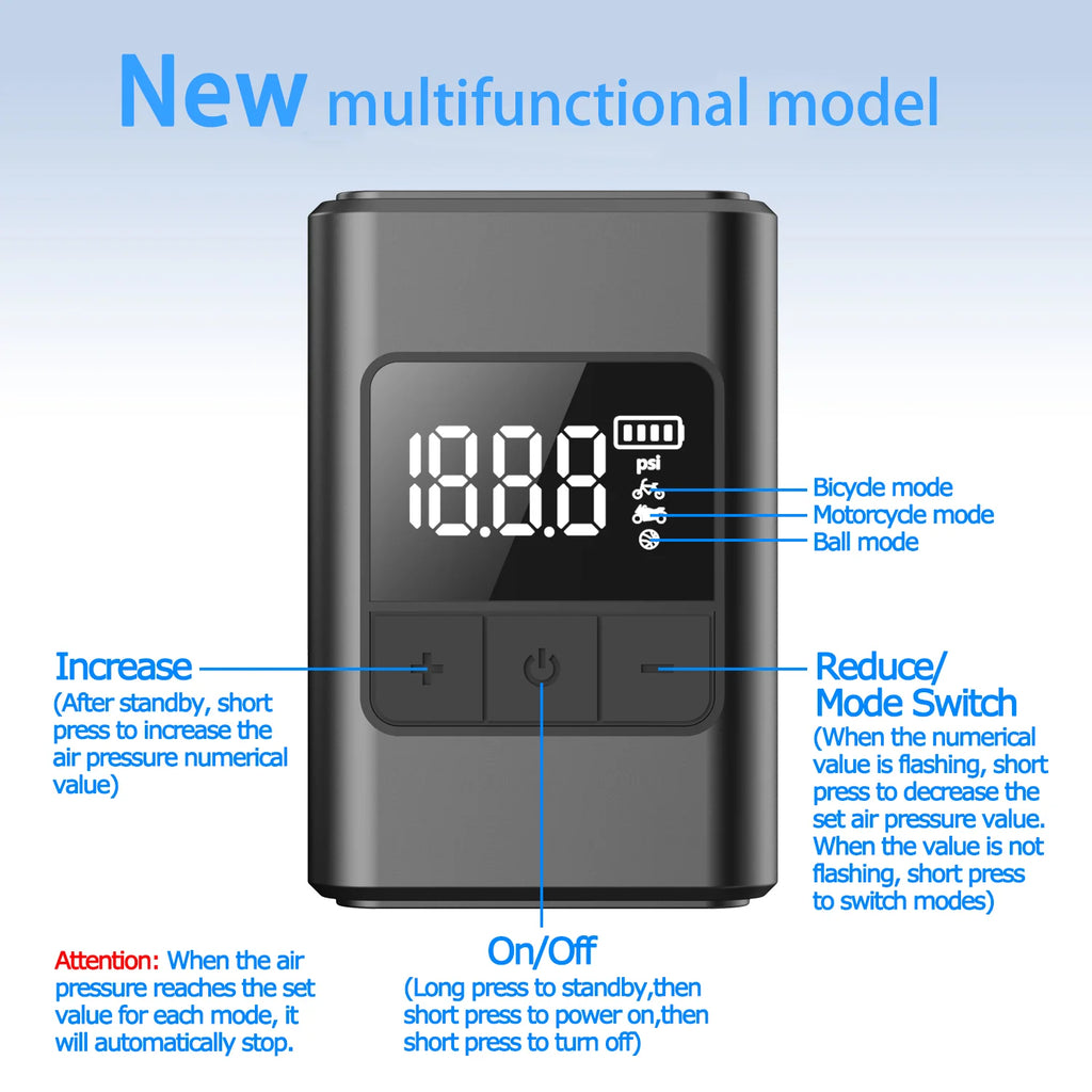 Portable mini electric pump, suitable for wireless bicycle tire inflation pump, features a screen, 25 minutes quick charging, ma