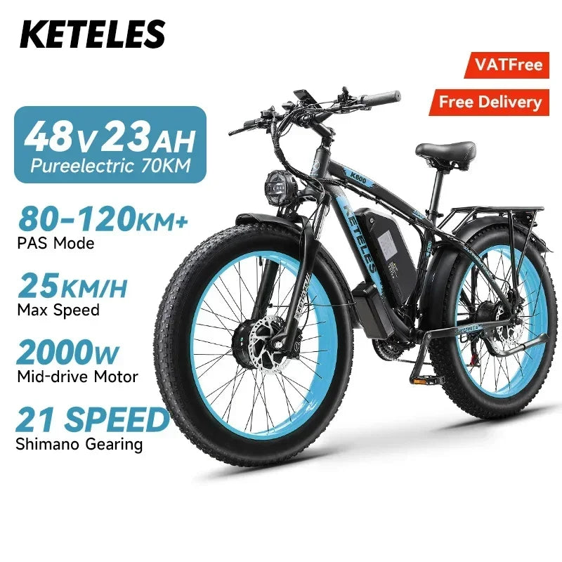 KETELES K800 Electric Bike 2000W Powerful Dual Motor 48V 23AH Battery 26*4.0 Fat Tire Bicycle Hydraulic Brake Mountain Ebike