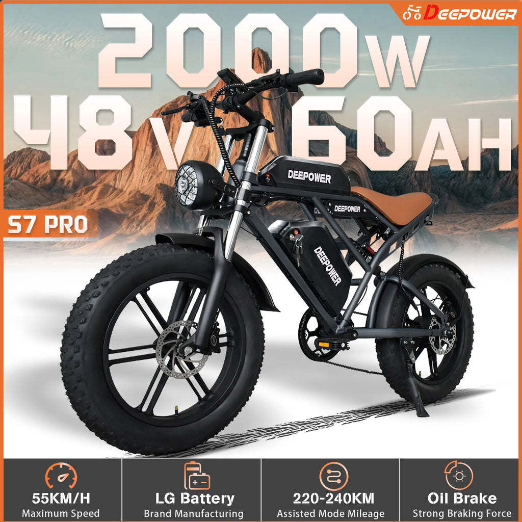 DEEPOWER S7PRO Off-Road Electric Bike 2000W 48V 60AH Battery All-Terrain Motorcycle Stylefor Oil Brake Adults Mountain Ebike