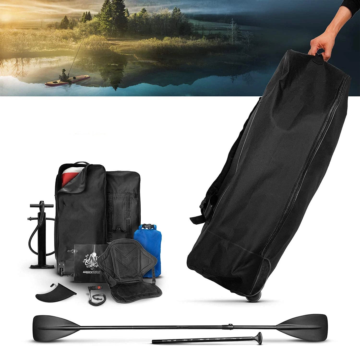11ft Double Layer Wood Stand up Paddle Board Underwater Viewing SUP Surf Board With Cam Action Kayak Seat Wheel Bag