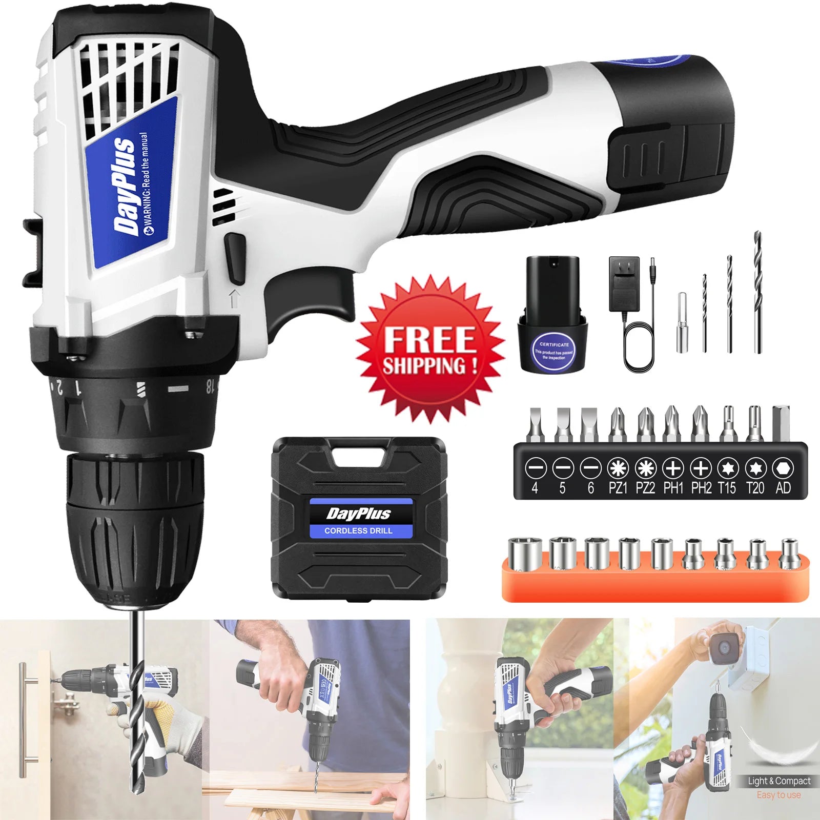Cordless Drill Driver Kit with Battery,2 in 1 Electric Screwdriver Driver Tool Kit 45 Nm, Dual Speed ​​3/8 Inch Keyless Chuck
