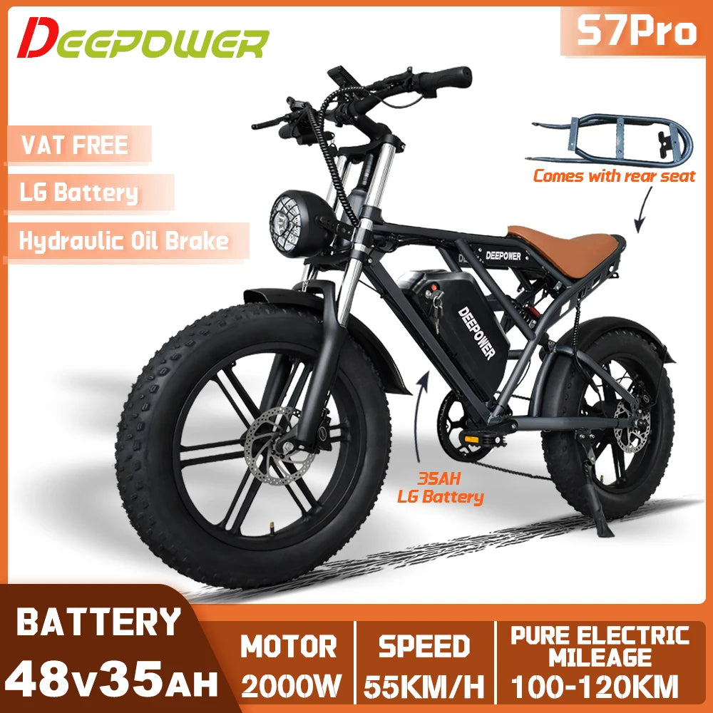DEEPOWER S7PRO Off-Road Electric Bike 2000W 48V 60AH Battery All-Terrain Motorcycle Stylefor Oil Brake Adults Mountain Ebike