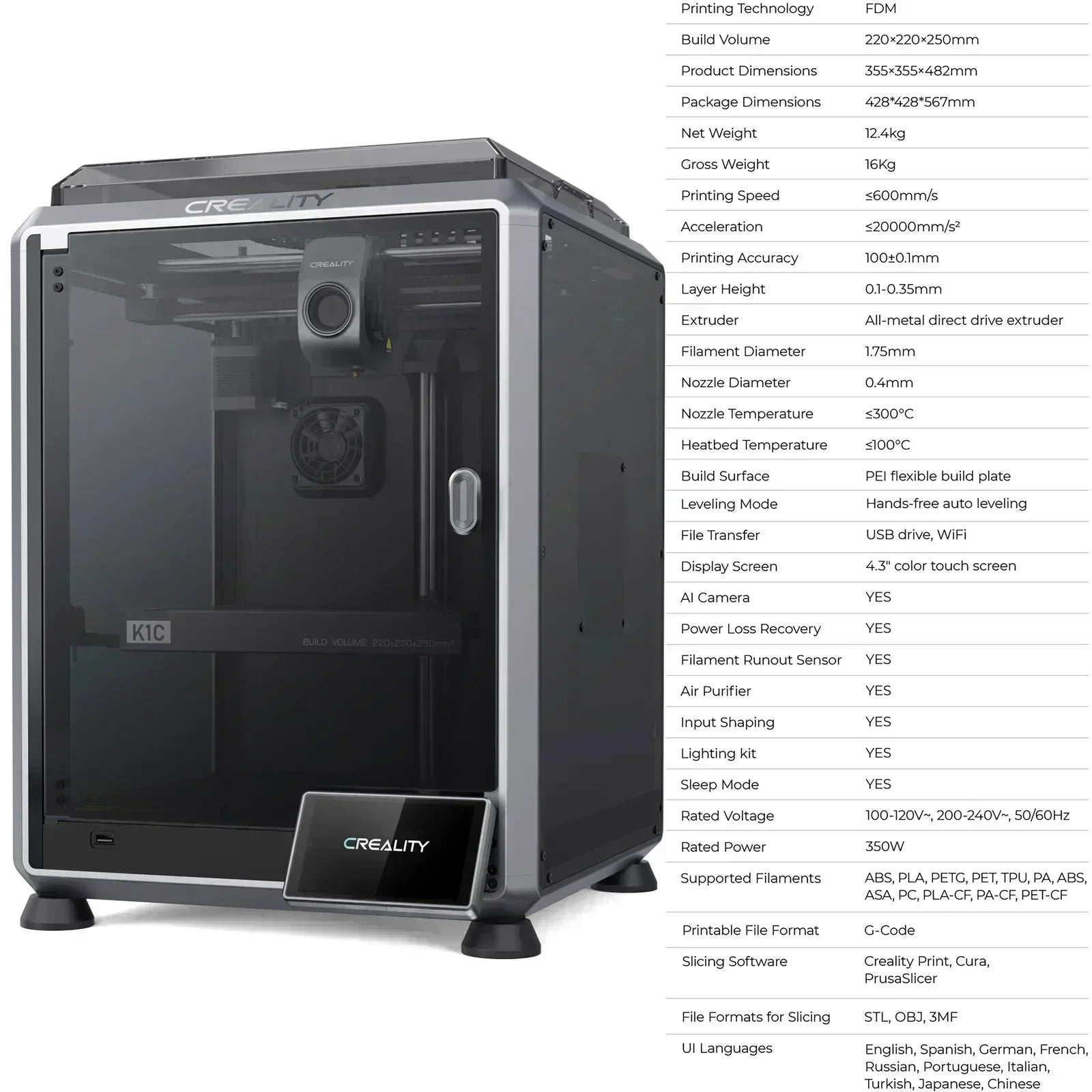 CREALITY K1C 3D Printer 600mm/S Speed ​​with AI Camera Printing Stable Frame Auto Leveling Dual Fan Direct Cooling Drive Extruder