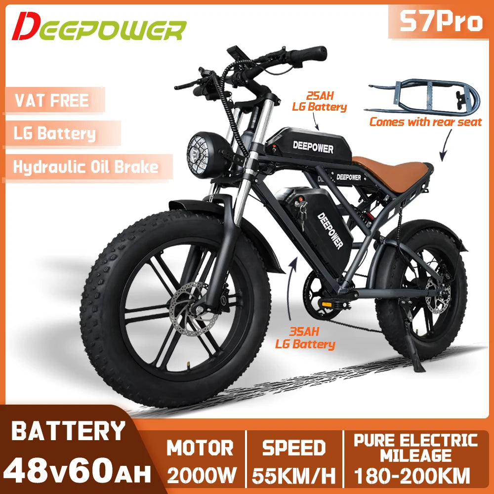 DEEPOWER S7PRO Off-Road Electric Bike 2000W 48V 60AH Battery All-Terrain Motorcycle Stylefor Oil Brake Adults Mountain Ebike