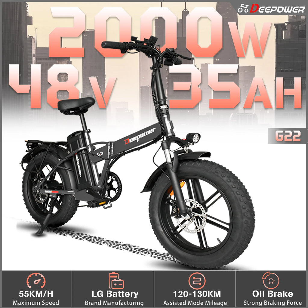 DEEPOWER G22 2000W Motor Electric Bicycle 48V 35AH LG Battery Ebike Folding Mountain Electric Bike Outdoor 7-speed Adult Bicycle