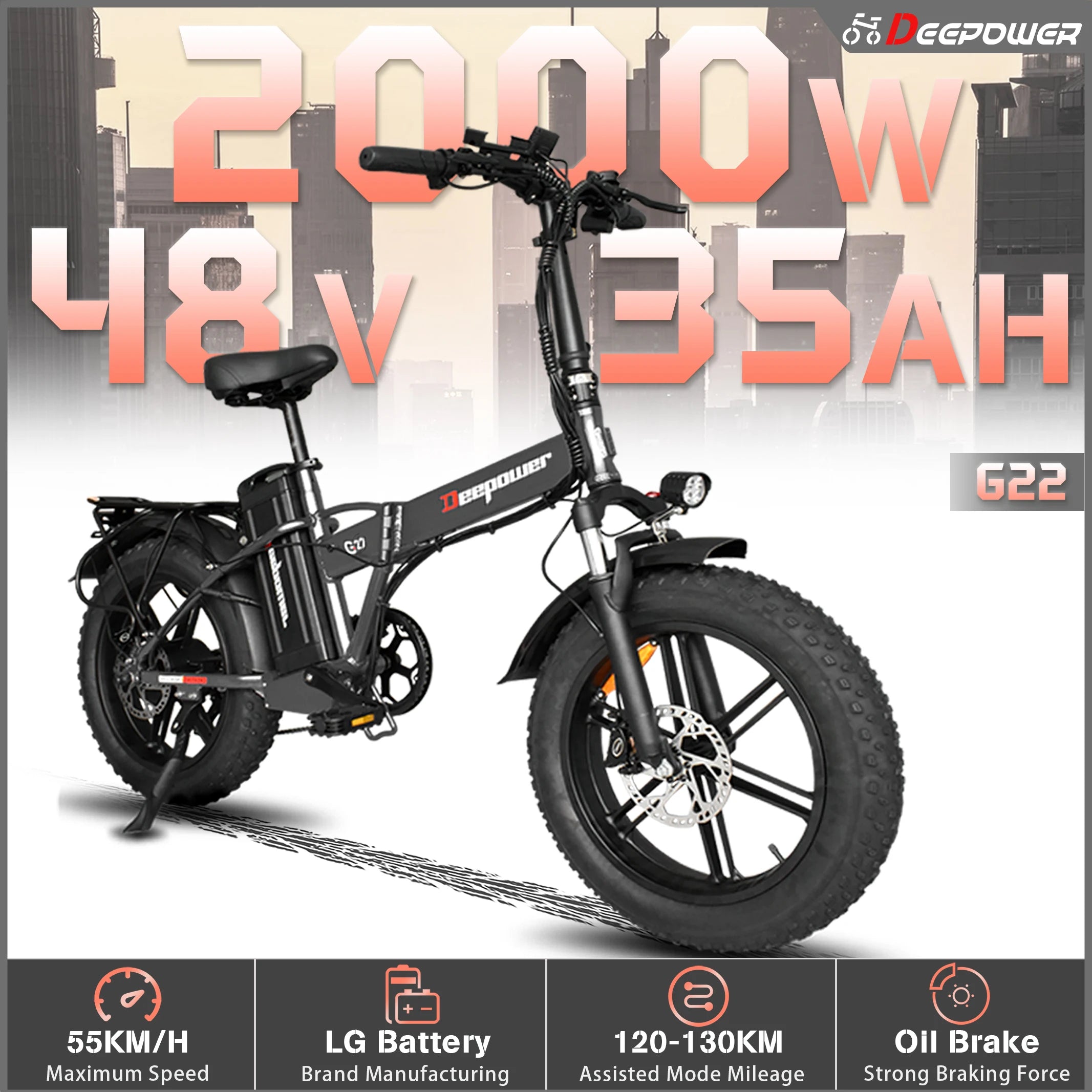 DEEPOWER G22 2000W Motor Electric Bicycle 48V 35AH LG Battery Ebike Folding Mountain Electric Bike Outdoor 7-speed Adult Bicycle