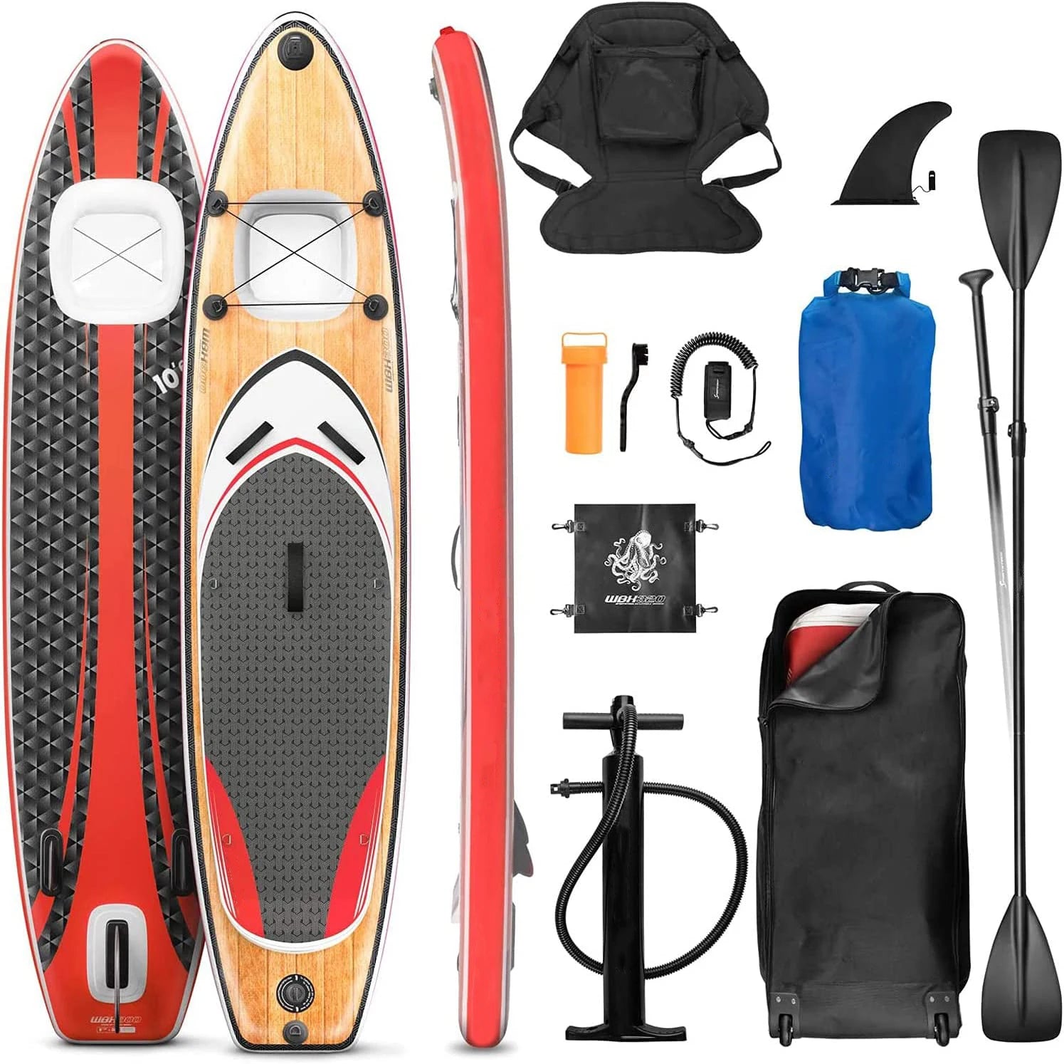 11ft Double Layer Wood Stand up Paddle Board Underwater Viewing SUP Surf Board With Cam Action Kayak Seat Wheel Bag