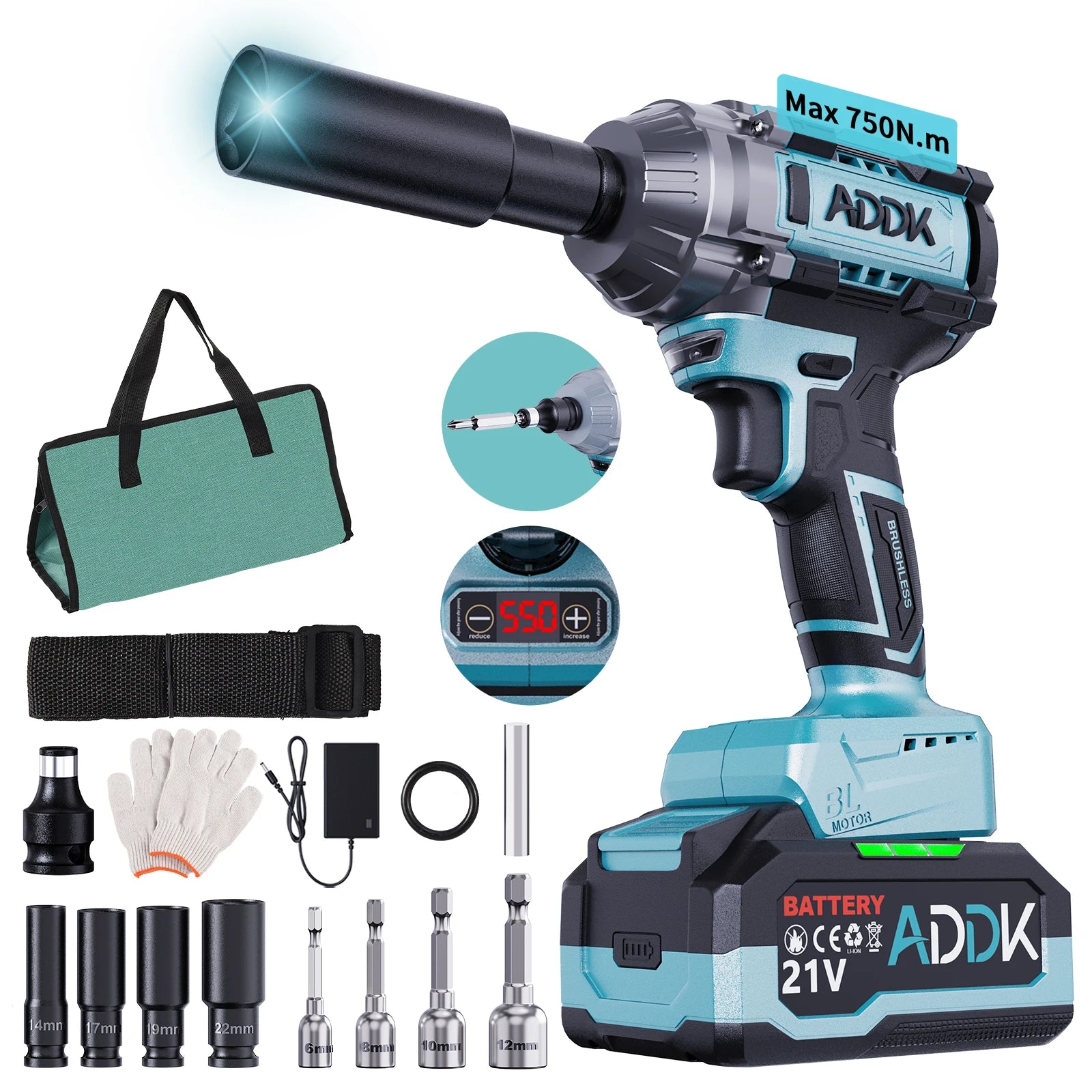 OBBGGNT 550N.m Cordless Impact Wrench,21V High Torque Brushless Impact Wrench,6 Speed Electric Tool Set with 4.0mAh Battery