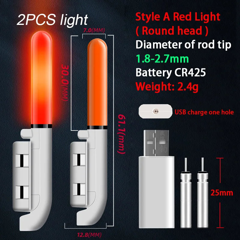 2PCS Fishing Floats Stick Light Warning Reminder Lights Fishing Buoy LED Rod Tip Luminous CR425 USB Charging Night Pesca Tackle