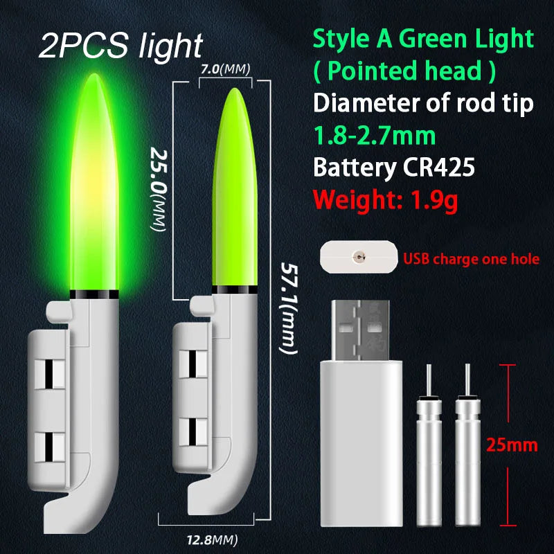 2PCS Fishing Floats Stick Light Warning Reminder Lights Fishing Buoy LED Rod Tip Luminous CR425 USB Charging Night Pesca Tackle
