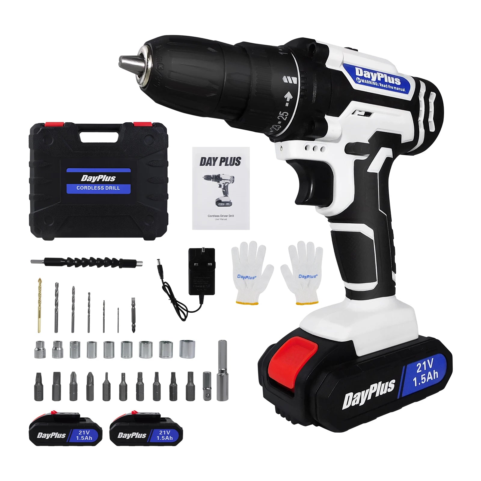 DayPlus Cordless Drill Set Electric Screwdriver Drill Set with 2-Variable Speed, 25+1 Torque,21V Li-ion Battery &amp; Fast Charger