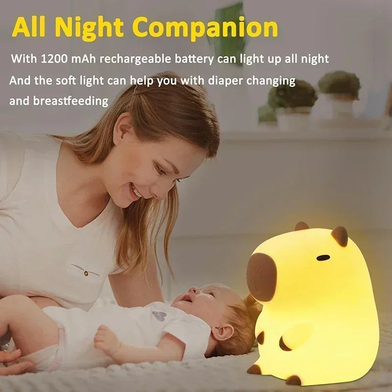 Capybara Night Light for Kid Silicone Baby Nursery Lamp Dimmable Squishy Touch Bedside Lamps Adorable Rechargeable Animal Lights
