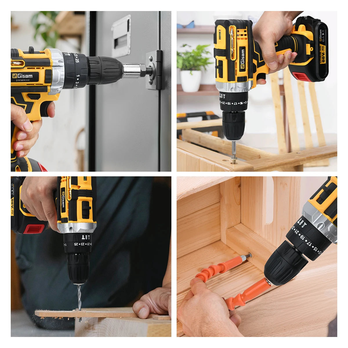 Gisam 25+3 Torque Electric Impact Screwdriver Multifunctional Cordless Drill Power Tool Setting 2 Gear Speed ​​with 2 Batteries