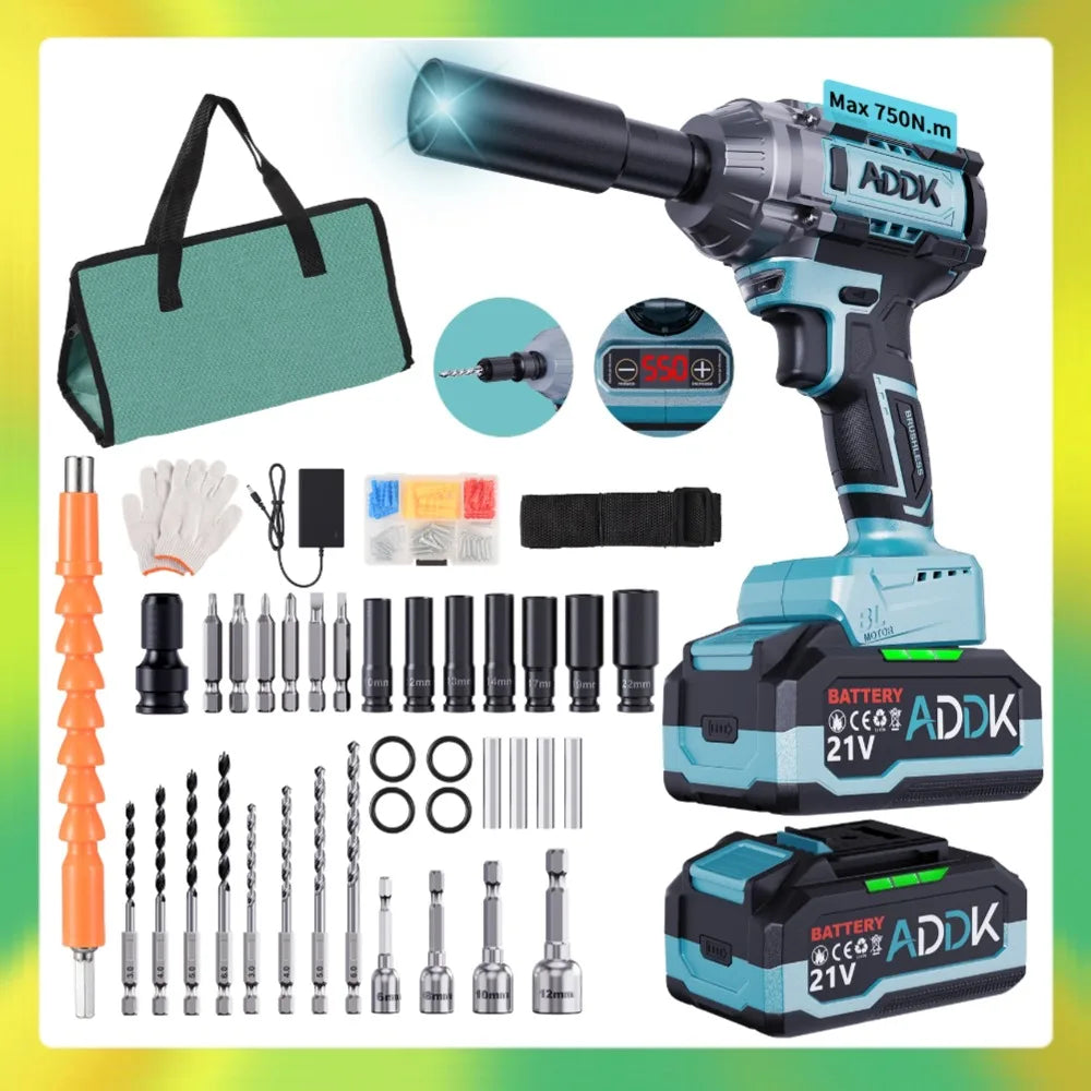 OBBGGNT 550N.m Cordless Impact Wrench,21V High Torque Brushless Impact Wrench,6 Speed Electric Tool Set with 4.0mAh Battery