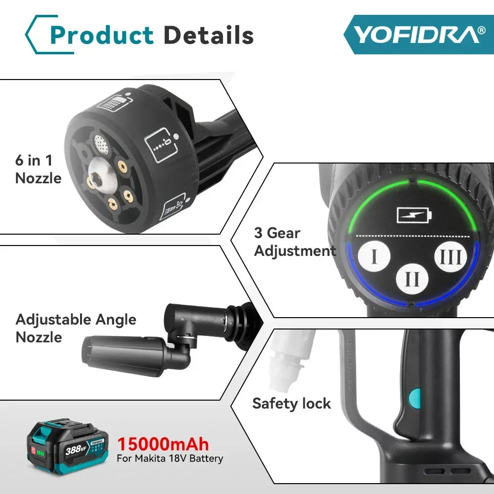 Yofidra 200Bar Brushless Electric Water Gun 3 Gears Cordless Rechargeable Car Garden Cleaning Tools For Makita 18v Battery Pin