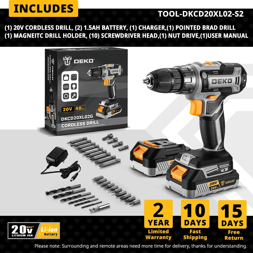 DEKO 20V Cordless Electric Drill has two changing speeds 18+1 Torque Screwdriver 29pcs Drill Set with 1.5ah Battery and Charger