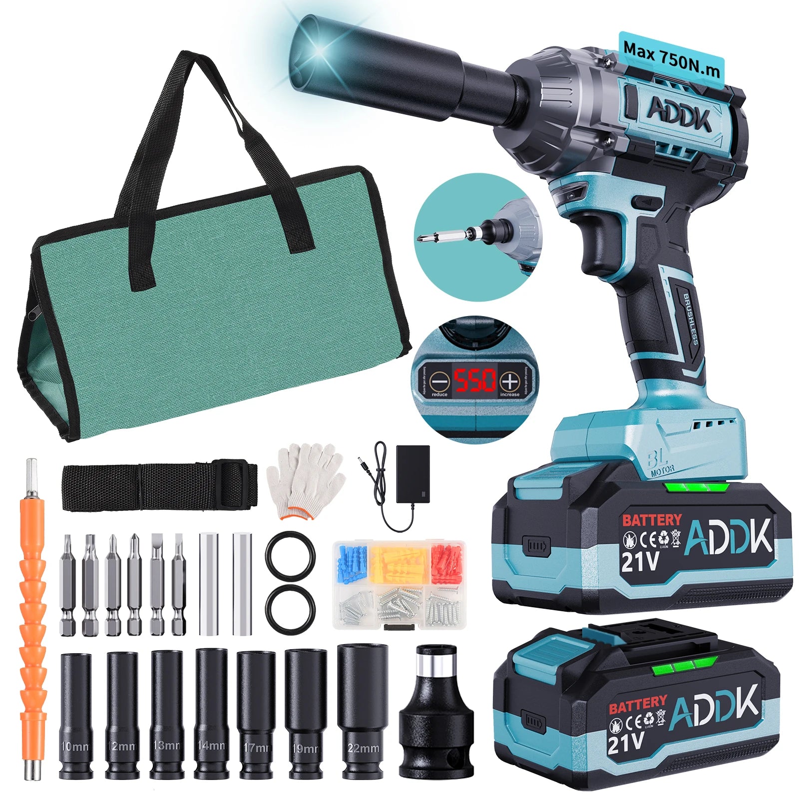 OBBGGNT 550N.m Cordless Impact Wrench,21V High Torque Brushless Impact Wrench,6 Speed Electric Tool Set with 4.0mAh Battery