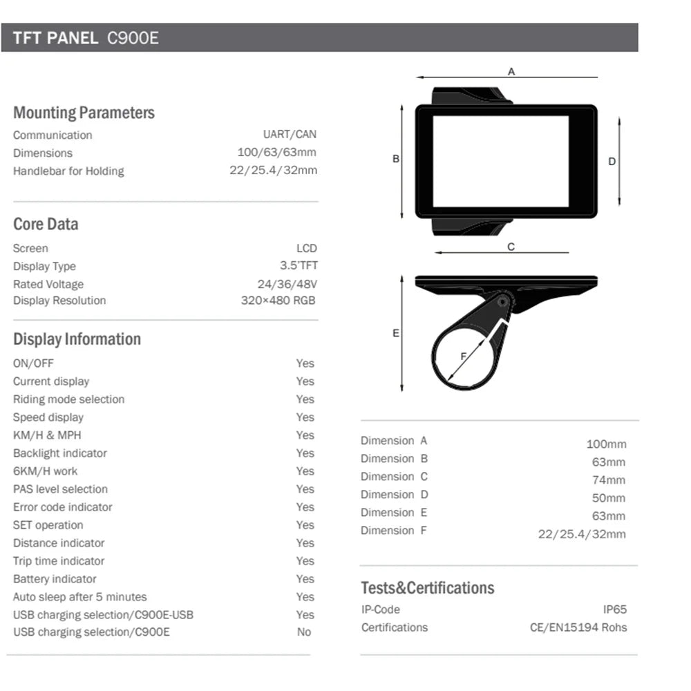 C900E LCD Display for 36V 48V E-Bike Accessories E-Bike Speedometer Mountain Bike Speed Control Panel