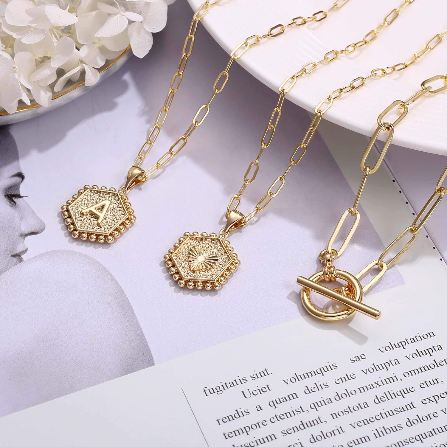Women's 14K Gold Plated Initial Necklace with Hexagon Pendant and Toggle Clasp - Layered Gold Chain Choker