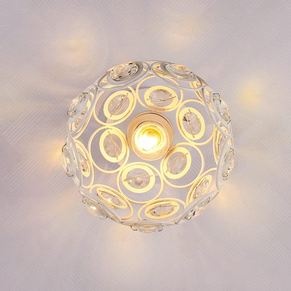 Mini Crystal Chandelier Semi Flush Mount Ceiling Light with E26 Socket - Modern White Finished Pendant Lighting for Bedroom, Kitchen, and Living Room