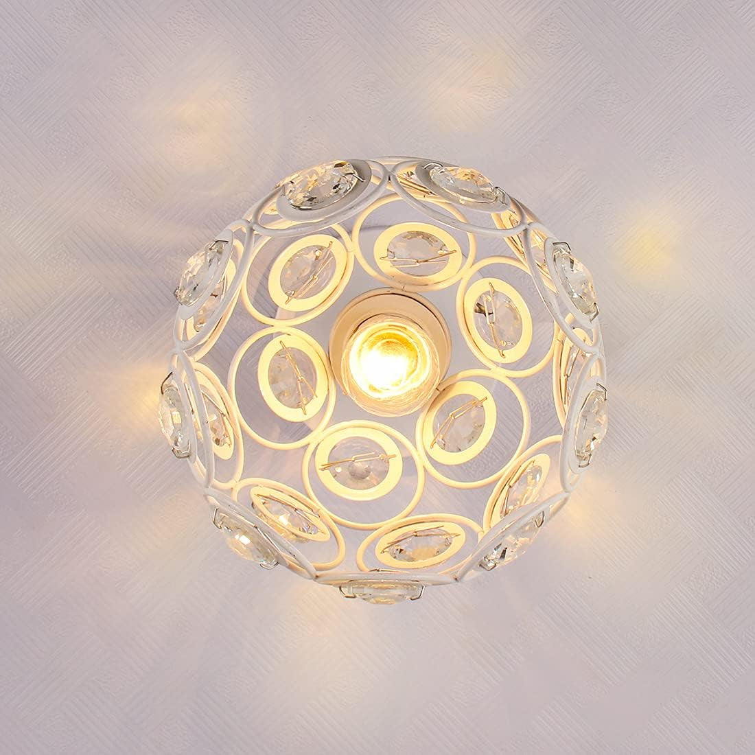 Mini Crystal Chandelier Semi Flush Mount Ceiling Light with E26 Socket - Modern White Finished Pendant Lighting for Bedroom, Kitchen, and Living Room