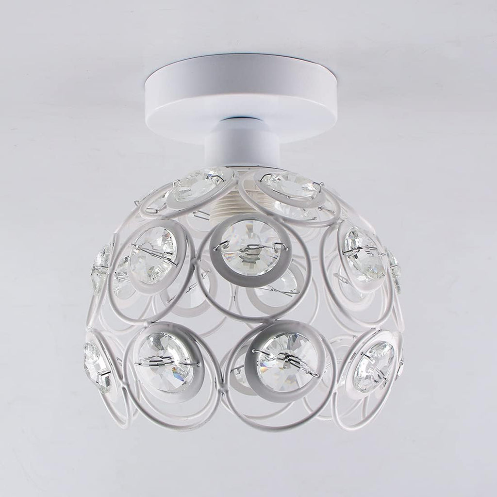 Mini Crystal Chandelier Semi Flush Mount Ceiling Light with E26 Socket - Modern White Finished Pendant Lighting for Bedroom, Kitchen, and Living Room