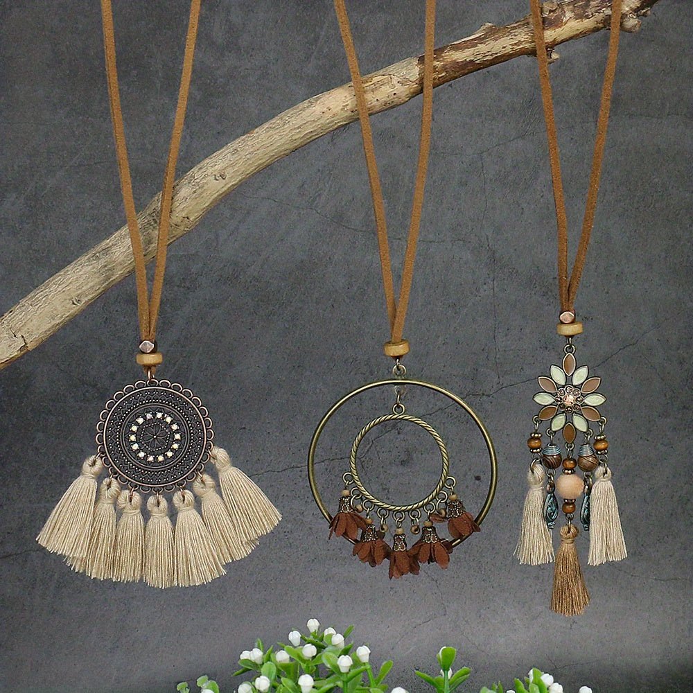 Boho - Chic 3pcs Set: Vintage - Inspired Tassel & Flower Pendant Necklaces with Rhinestone Accents - Zinc Alloy, Antique Bronze Finish for Casual Attire - Fluxy