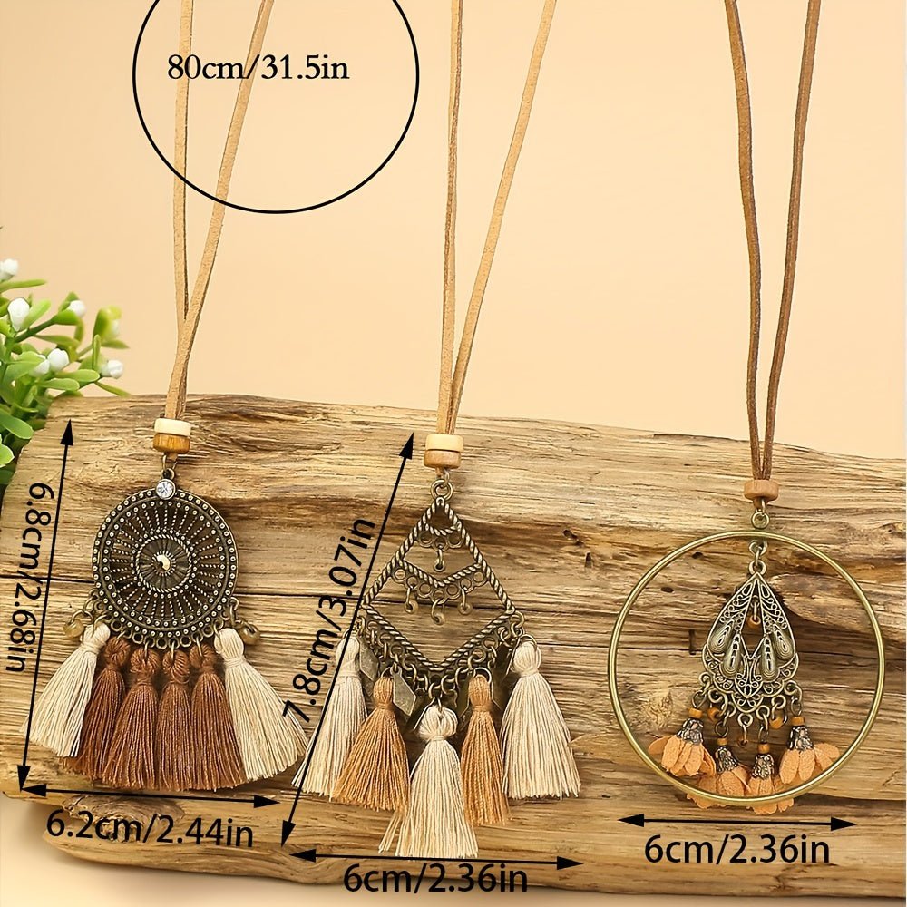 Boho - Chic 3pcs Set: Vintage - Inspired Tassel & Flower Pendant Necklaces with Rhinestone Accents - Zinc Alloy, Antique Bronze Finish for Casual Attire - Fluxy