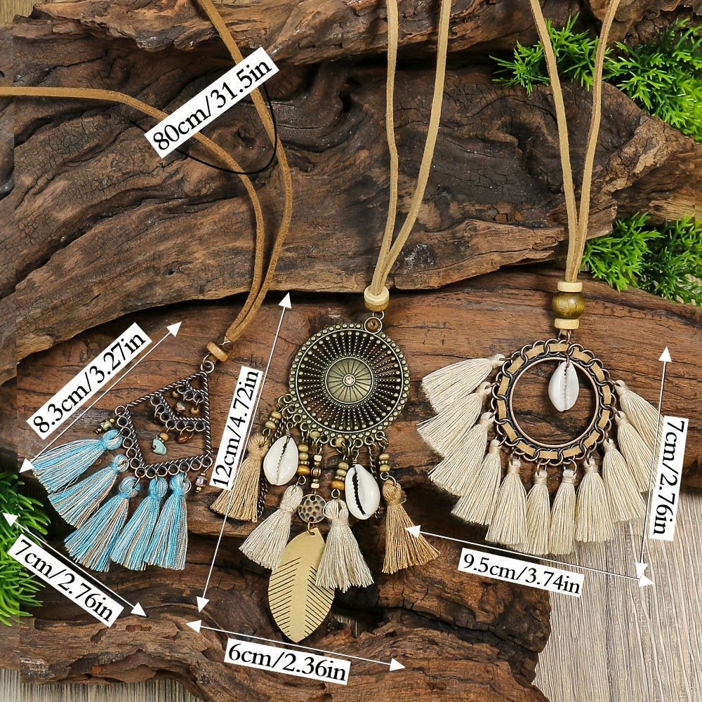 Boho - Chic 3pcs Set: Vintage - Inspired Tassel & Flower Pendant Necklaces with Rhinestone Accents - Zinc Alloy, Antique Bronze Finish for Casual Attire - Fluxy