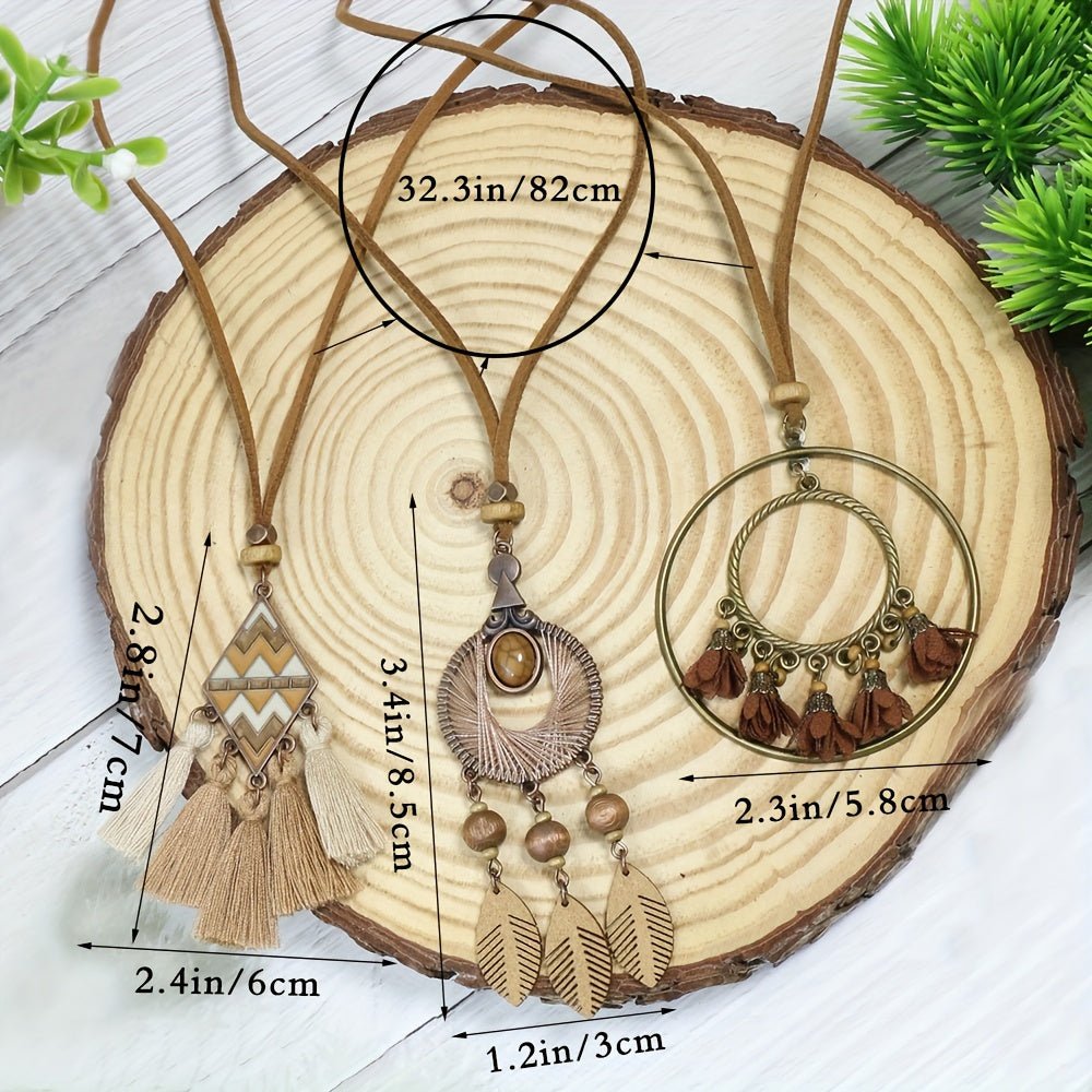 Boho - Chic 3pcs Set: Vintage - Inspired Tassel & Flower Pendant Necklaces with Rhinestone Accents - Zinc Alloy, Antique Bronze Finish for Casual Attire - Fluxy