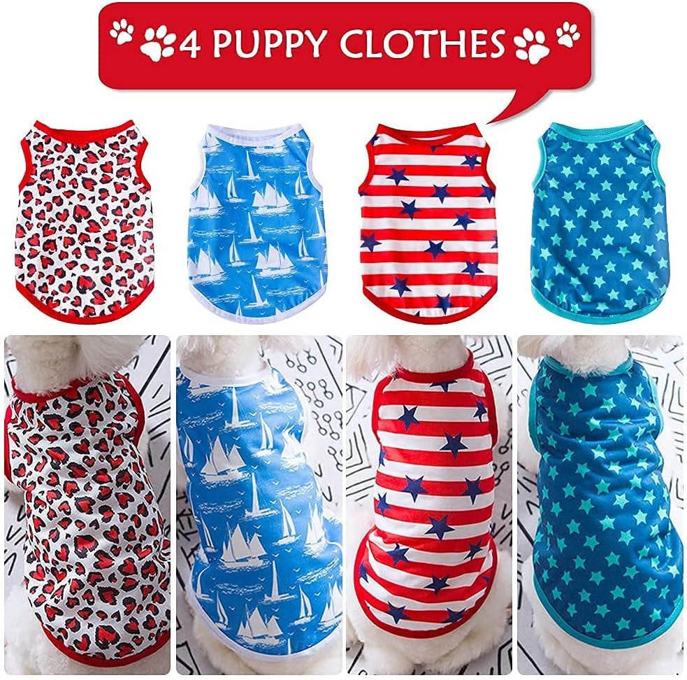 4-Piece Summer Dog Apparel Set for Female Dogs and Cats - Printed T-Shirts with Cute Patterns for Small to Large Breeds (Star, X-Small)