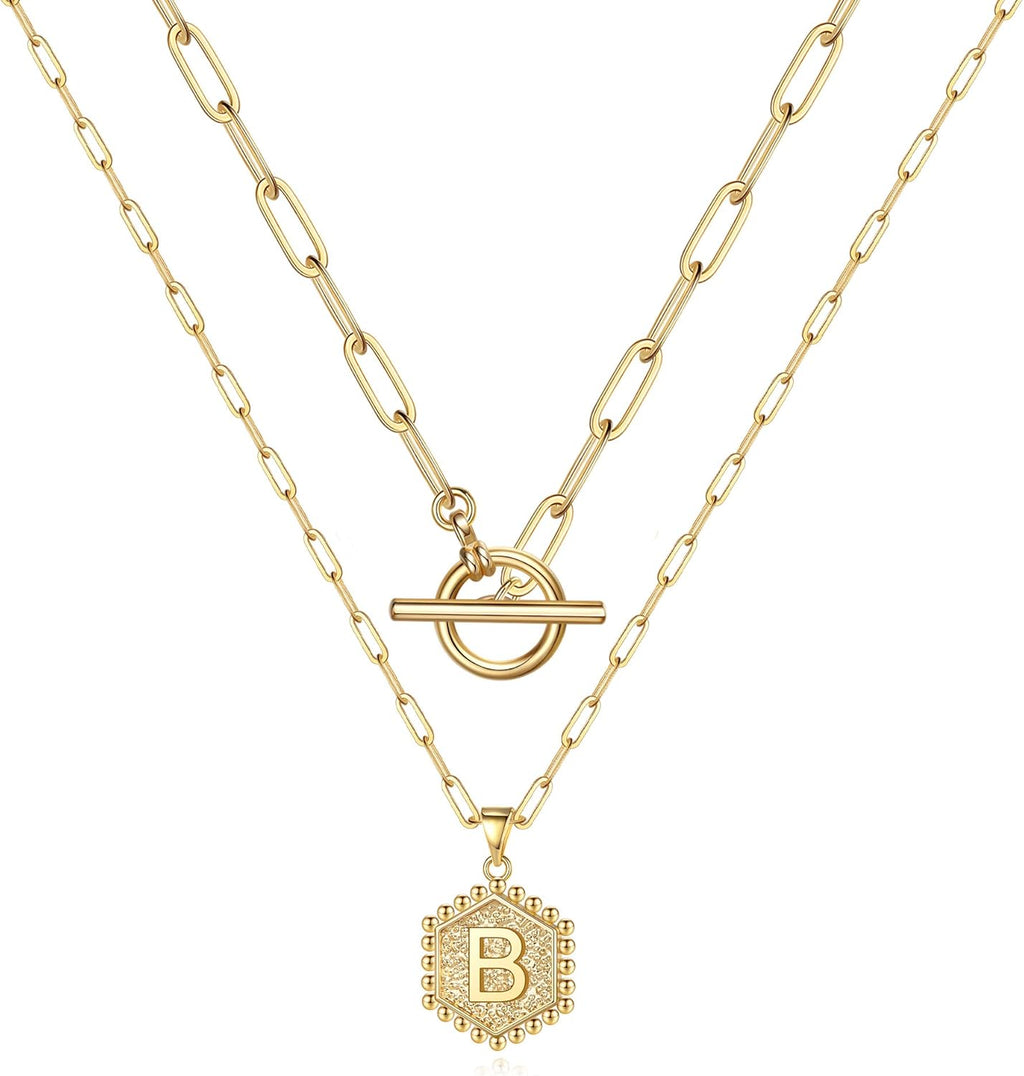 Women's 14K Gold Plated Initial Necklace with Hexagon Pendant and Toggle Clasp - Layered Gold Chain Choker