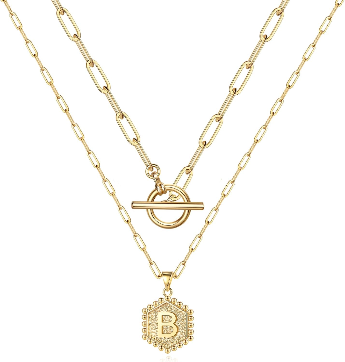 Women's 14K Gold Plated Initial Necklace with Hexagon Pendant and Toggle Clasp - Layered Gold Chain Choker
