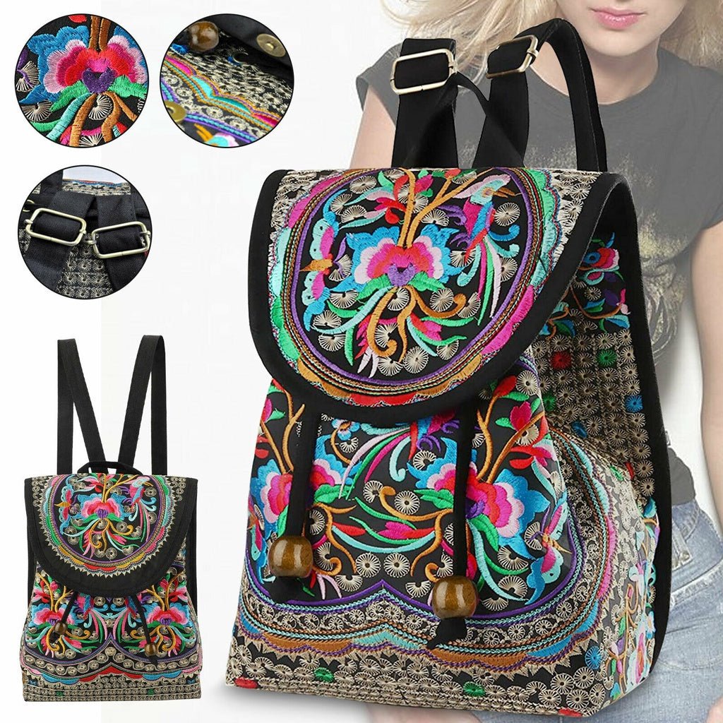 GUDAOBELL Women's Vintage Floral Embroidered Backpack - Pink Geometric Pattern Travel Bag with Tablet Compartment, Adjustable Shoulder Straps & Drawstring Closure for, Work, Daily Use - Fluxy