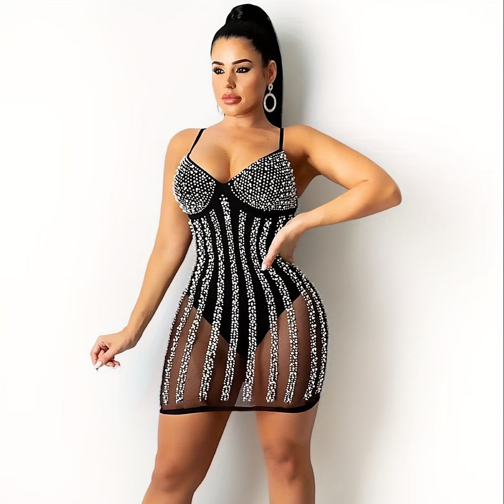 VNOVA Women'S Sexy Halter Neck See - Through Slim Dress with Rhinestone Embellishments - Lightweight Summer Evening Party Dress for Club Birthdays & Special Occasions, Sexy Party Dress, Evening Wear, Elegant Silhouette, Sleek F - Fluxy