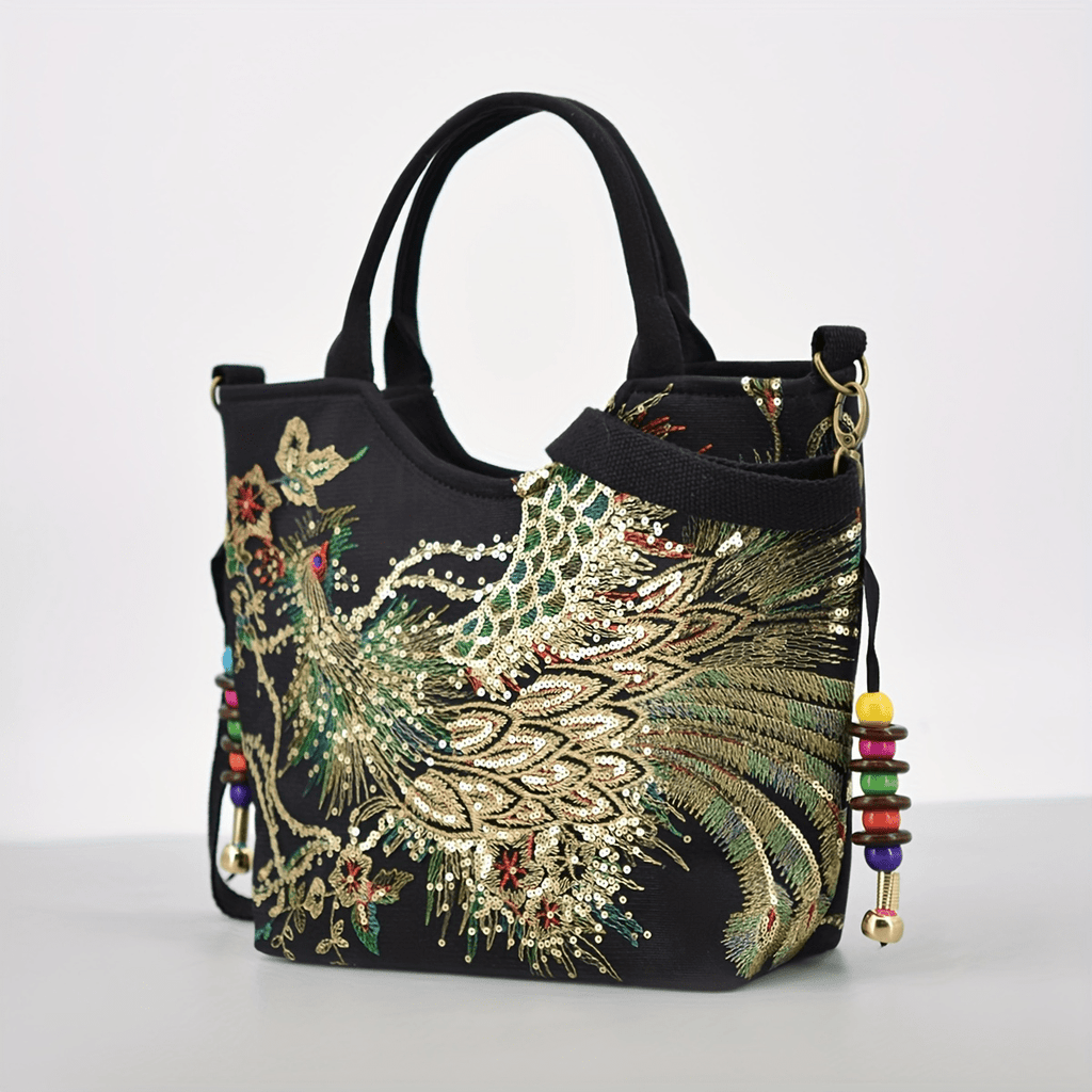 Wo 'S Embroidered Satchel Bag, Fashion Double Handle Purse, Retro Style Handbag with Removable Strap - Fluxy