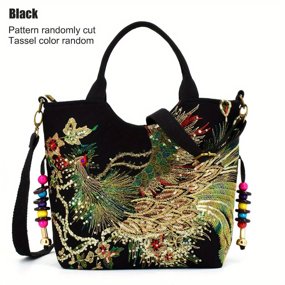 Wo 'S Embroidered Satchel Bag, Fashion Double Handle Purse, Retro Style Handbag with Removable Strap - Fluxy