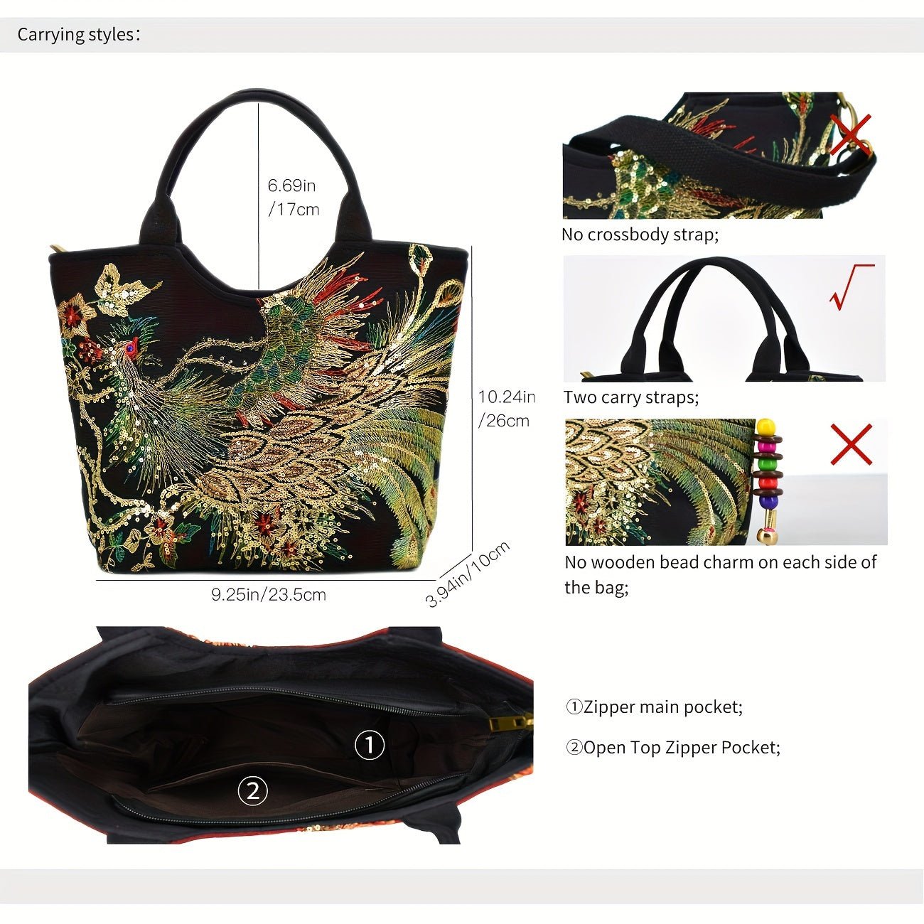 Wo 'S Embroidered Satchel Bag, Fashion Double Handle Purse, Retro Style Handbag with Removable Strap - Fluxy