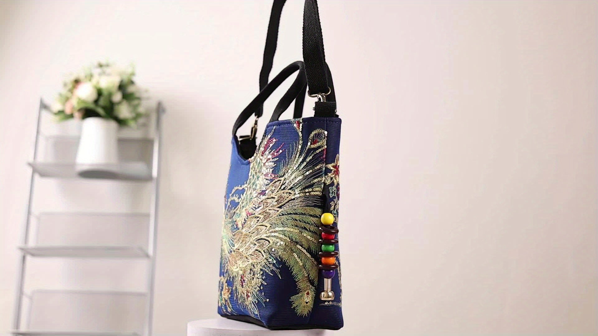 Wo 'S Embroidered Satchel Bag, Fashion Double Handle Purse, Retro Style Handbag with Removable Strap - Fluxy