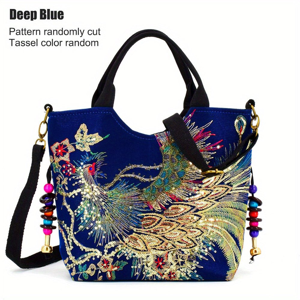 Wo 'S Embroidered Satchel Bag, Fashion Double Handle Purse, Retro Style Handbag with Removable Strap - Fluxy